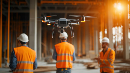 Drone hovering over workers, Construction workers monitor drone operations at a building site, showcasing modern technology in construction management.