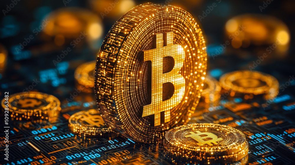 Poster digital bitcoin cryptocurrency concept with binary code background for fintech and investments