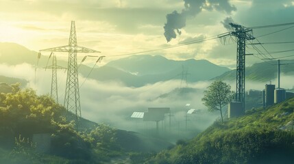 Obraz premium Renewable energy transformation power grid digital art nature landscape