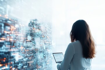 A woman standing in a high-tech environment, reviewing data on her laptop with a digital overlay of circuit-like visuals, symbolizing data integration.