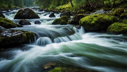 Fototapeta premium Tranquil Serenity: The Beauty of a Moss-Covered River Landscape