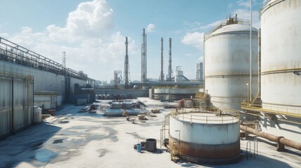 Obraz premium A large industrial area with a lot of tanks and pipes