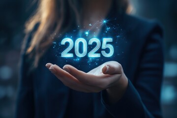 Businesswoman hand with number 2025, plans for new year