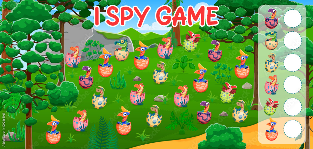 Poster i spy game worksheet with cartoon dinosaur kids. vector riddle or puzzle for children. count how man