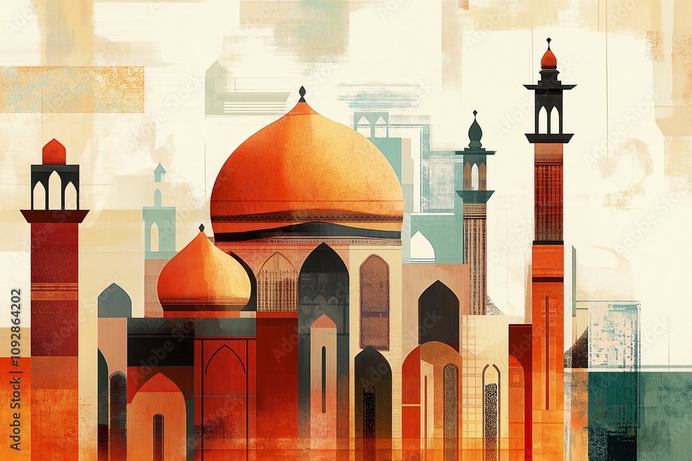 Poster abstract illustration depicting a mosque with geometric patterns and a warm color palette