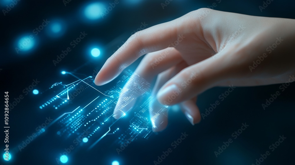 Aufkleber futuristic hand reaching out to digital interface with glowing data streams and technology symbols r
