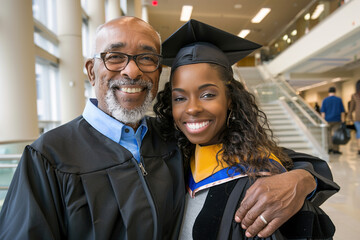 Fototapeta premium African American woman wearing graduation gown hugging college professor