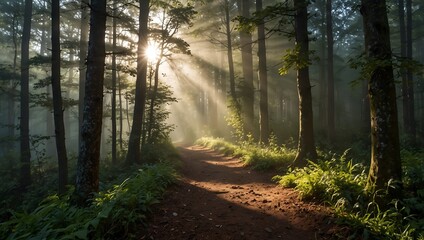 Obraz premium Enchanted Forest: A Serene Journey Through Sunlit Mist