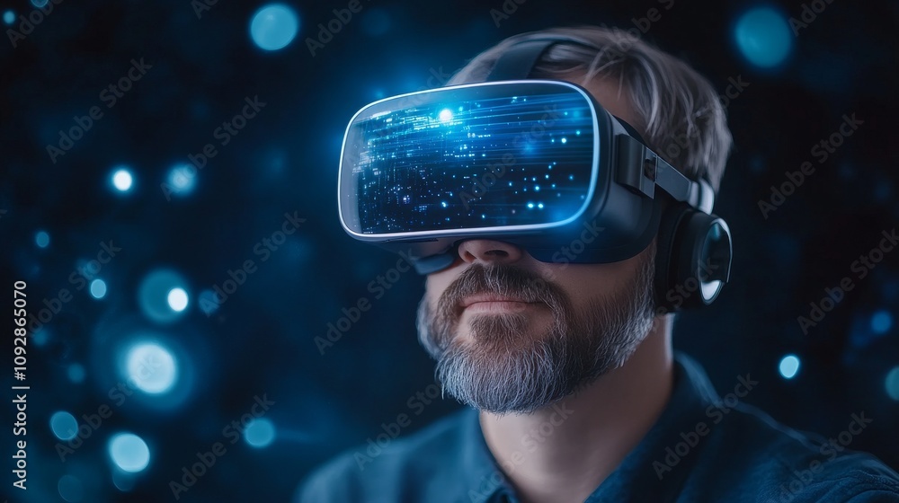 Poster man engaged in virtual reality experience wearing headset with blue light effects, creating an immer
