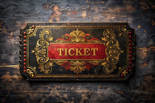 Vintage Black and Red Ticket with Elegant Golden Ornaments Captured in Aerial Photography with Unique Perspectives and Textured Backgrounds for Artistic and Nostalgic Themes