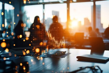Silhouetted professionals in an office space, overlaid with digital graphs and glowing data points, suggesting business, innovation, and financial growth.
