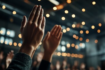 Raised hands of diverse individuals reach upwards beneath a canopy of warm lights, symbolizing unity, participation, and collective enthusiasm in communal environments.