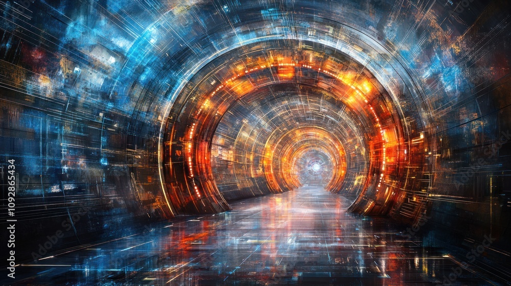 Poster a futuristic tunnel illuminated with vibrant colors and abstract patterns.