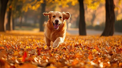 Happy dog running through a park with autumn leaves in the air, outdoor seasonal setting. Generative AI