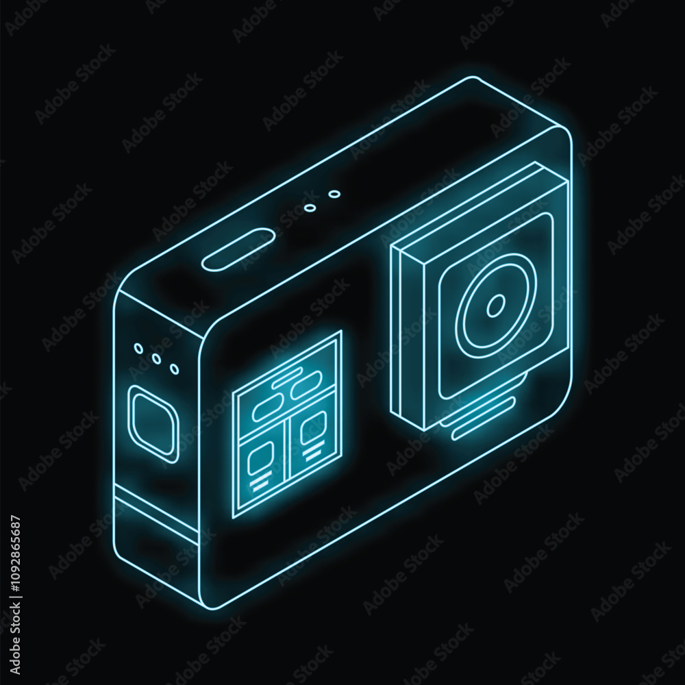 Poster neon blue isometric view of an action camera showing the display screen