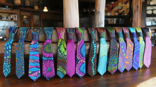 Colorful handmade ties display local artisan shop fashion accessories rustic interior close-up view unique designs