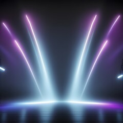 Two neon light spotlights illuminate a stage in a dark setting