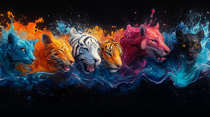 Colorful artistic depiction of various tiger heads emerging from vibrant splashes of paint.