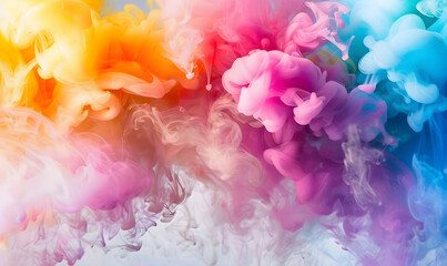 Fototapeta premium Colorful ink in water, isolated on a white background. Colorful smoke, rainbow-colored paint clouds, color explosion, color splash, colorful, vibrant colors