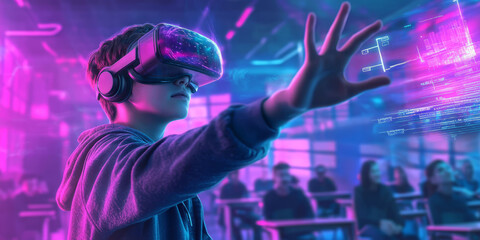 Young student wearing virtual reality glasses as if interacting with a virtual object in a classroom