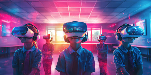 Children in a bright classroom using VR headsets, smiling and learning in an interactive virtual world