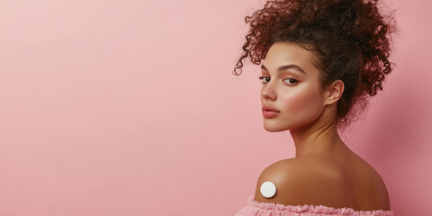 Woman applying birth control patch on shoulder against blank background.