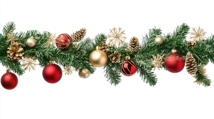 Fototapeta premium Festive Christmas Garland with Red and Gold Ornaments, Isolated on White Background, Detailed Illustration, High-Resolution Professional Photo Captured with Canon EOS R5, Perfect for Holiday Decor