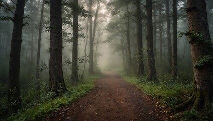 Obraz premium Enchanted Journey: A Misty Forest Path Through Lush Greenery
