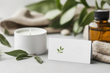 Branding mockup featuring a business card, a burning candle and a bottle of essential oil surrounded by eucalyptus branches