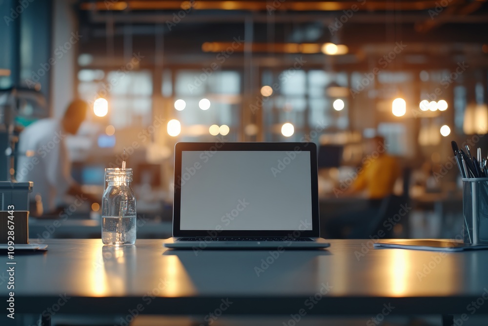 Poster a minimalist workspace features a laptop centered on a desk, surrounded by soft lighting. the backgr