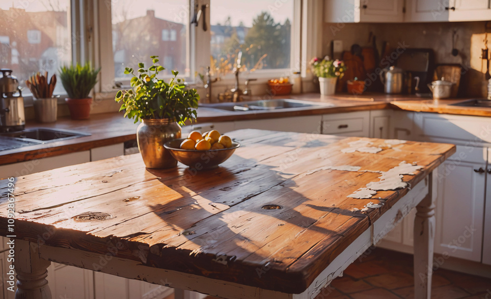 Poster wooden table with a bowl of lemons and a vase of herbs on it. the table is in a kitchen with a sink 