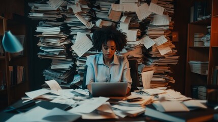A professional surrounded by unorganized piles of files