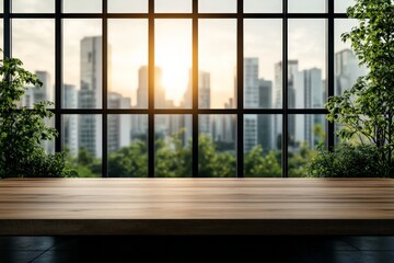 Fototapeta premium A panoramic view of a city skyline is framed by large windows. The sunrise casts a golden hue over the urban landscape, accompanied by indoor greenery for freshness.