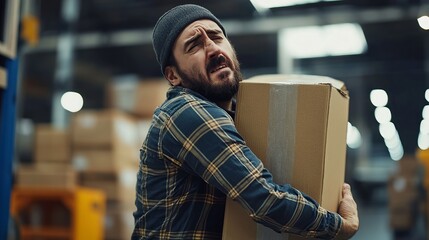 Worker in Warehouse Lifting Box and Suffering Back Pain