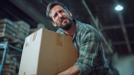 Warehouse Worker Struggling with Back Pain While Lifting Heavy Box