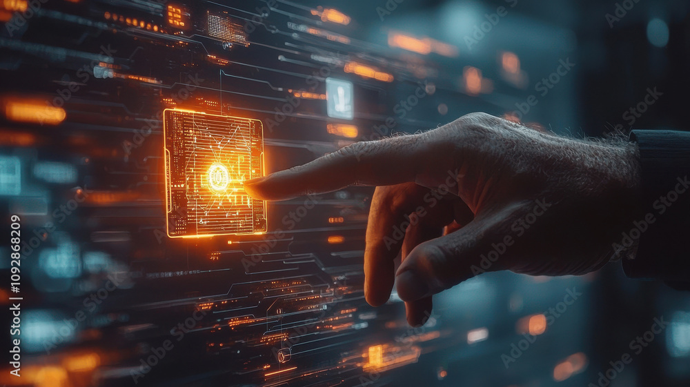 Aufkleber close up of hand pointing at glowing ai interface, showcasing technology and innovation. image conve