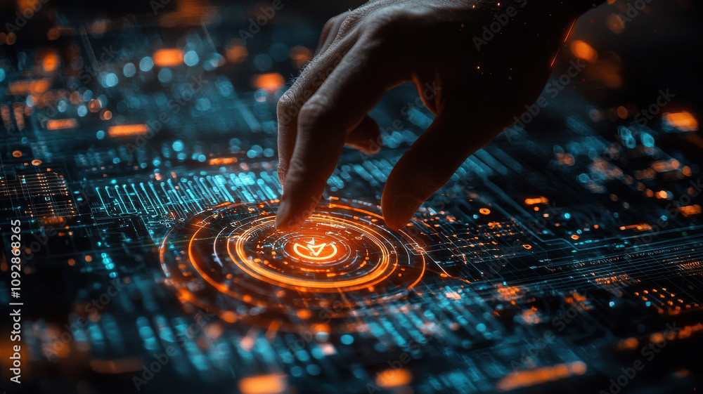 Poster close up of businessman hand navigating glowing digital interface, showcasing advanced technology an