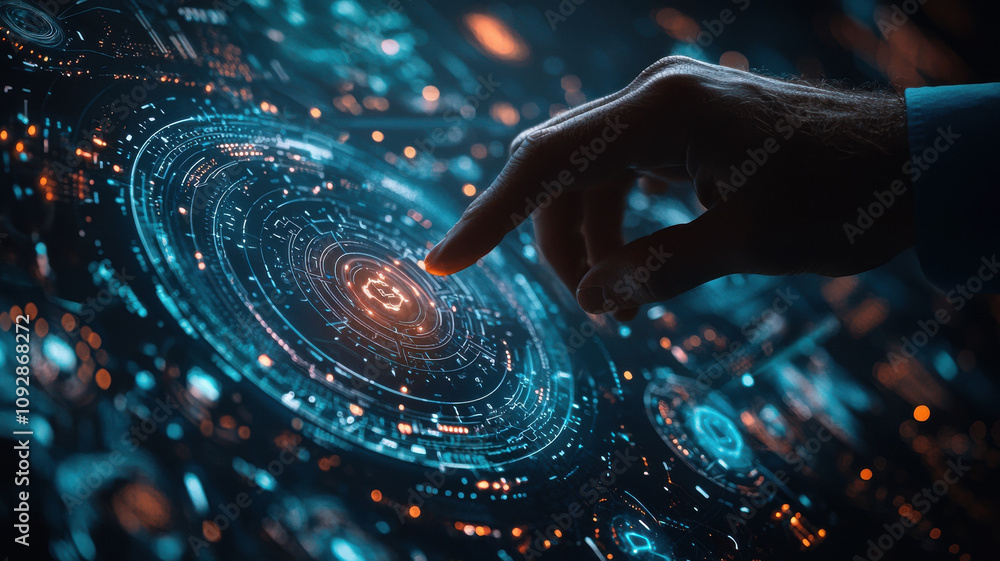 Poster close up of businessman hand interacting with futuristic digital interface, showcasing advanced tech
