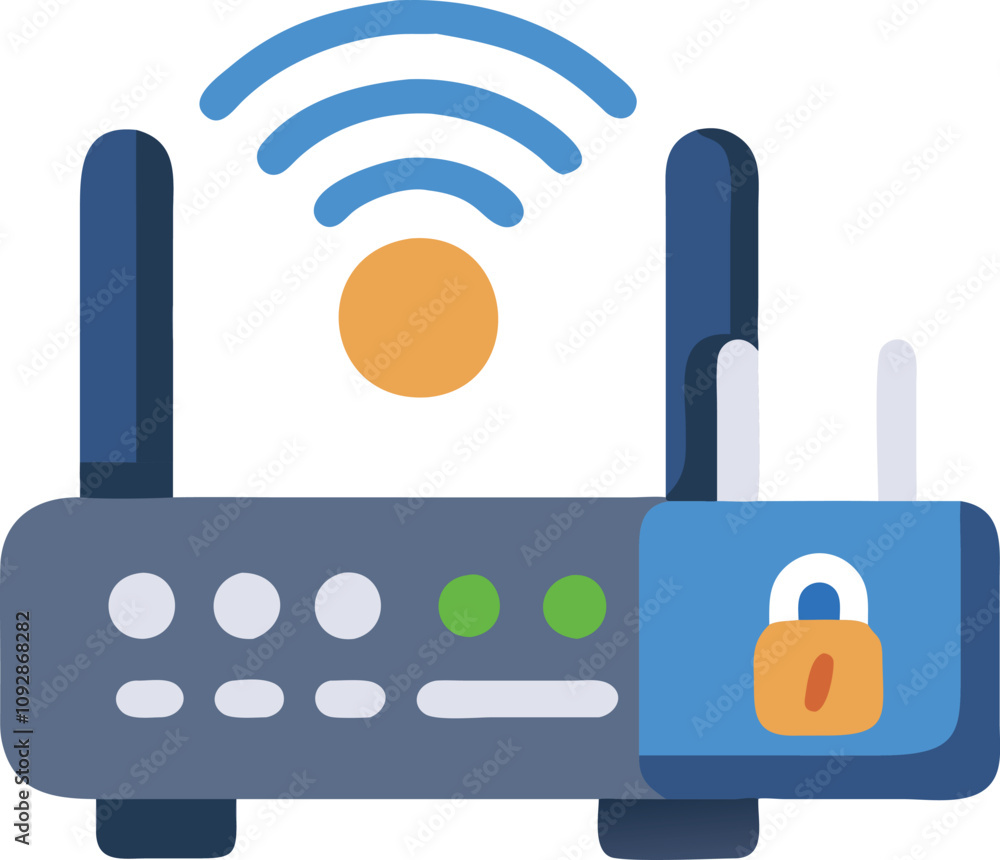 Poster flat design secure wi-fi router vector, flat-style vector illustration of a wi-fi router with antenn