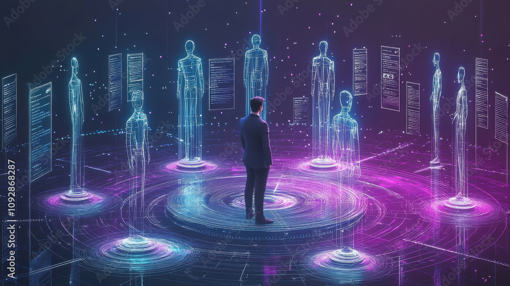 Aufkleber conceptual image of ai governance featuring businessman surrounded by holographic figures and data. 