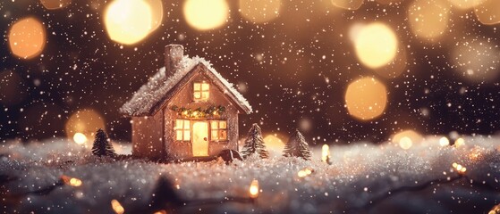 Naklejka premium Cozy model house amidst gentle snowfall