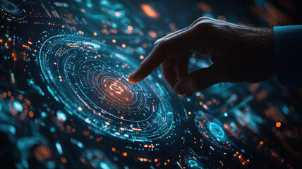 close up of businessman hand interacting with futuristic digital interface, showcasing advanced technology and data visualization. glowing elements create sense of innovation and engagement