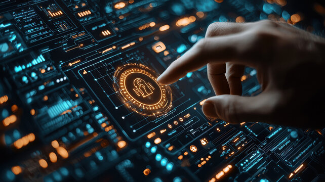 close up of businessman hand navigating digital interface with security icons, showcasing technology and innovation. image conveys sense of modernity and precision