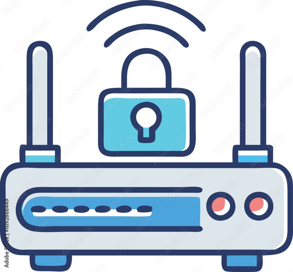 Poster secure wi-fi router vector with lock icon, vector illustration of a wi-fi router with antennas, a si