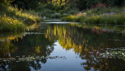 Obraz premium Tranquil River Reflections: A Vibrant Tapestry of Wildflowers and Autumn Foliage