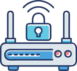 Secure Wi-Fi Router Vector with Lock Icon, Vector illustration of a Wi-Fi router with antennas, a signal icon, and a lock symbol, representing secure wireless internet connectivity.  
