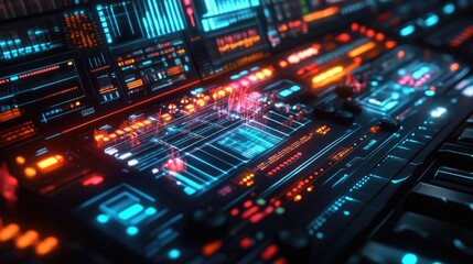 Fototapeta premium Neon synthesizer in a digital futuristic environment with glowing circuit elements and vibrant colors. Generative AI