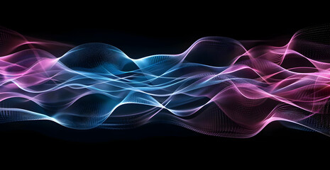 Obraz premium Abstract digital technology background with blue and pink glowing light, a complex network of lines and nodes forming an abstract wave pattern on a dark black backdrop.