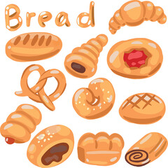 Fresh Bread Flat  Hand draw Icons Set of bread on a white background