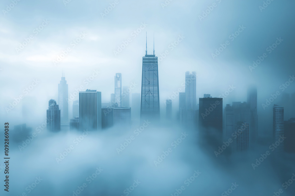 Poster skyscrapers are partially hidden by a thick fog during a cloudy day, creating a suggestive and myste